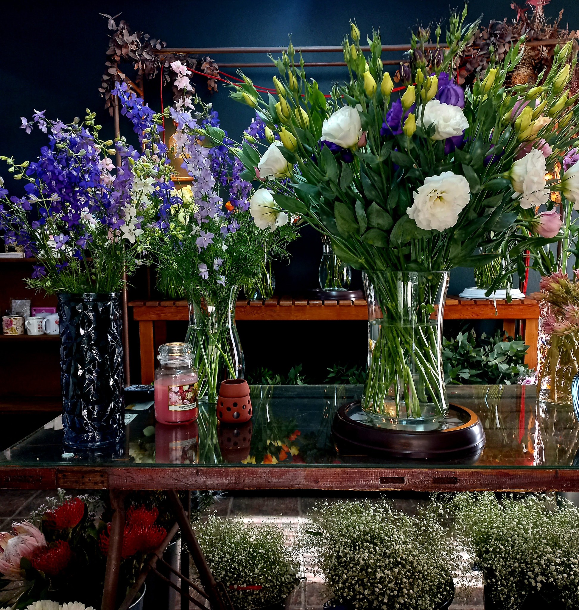 Flower Garden shop interior with delphinium and lisianthus on display